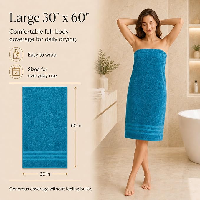 Velqora Bath Towels, 2 Pack, 30x60 in, 100% Cotton, Soft & Absorbent, Blue | Balanced Weight | Everyday Comfort | Easy Care
