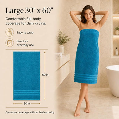 Velqora Bath Towels, 4 Pack, 30x60 in, 100% Cotton, Soft & Absorbent, Blue | Balanced Weight | Everyday Comfort | Easy Care