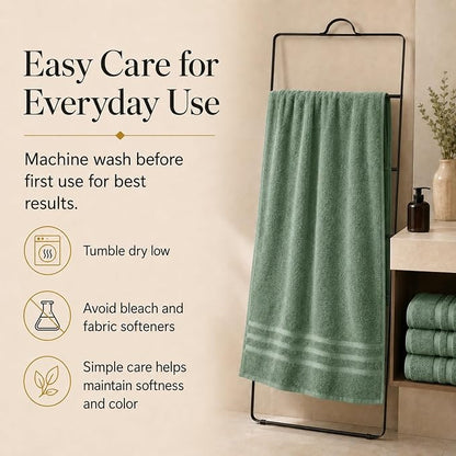 Velqora Bath Towels 4 Pack, 30x60 in, 100% Cotton, Soft, Multicolor | Pink, White, Light Gray & Sage Green Mix | Absorbent Terry | Balanced Weight | Easy Care