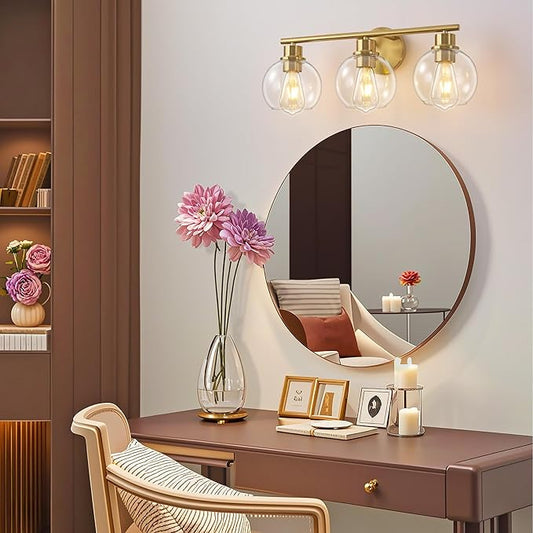 22" Bathroom Light Fixtures, 3-Lights Bathroom Vanity Light Over Mirror with Clear Glass Shade, Modern Gold Wall Sconce Vanity Lighting for Bath, Kitchen, Living Room, Hallway