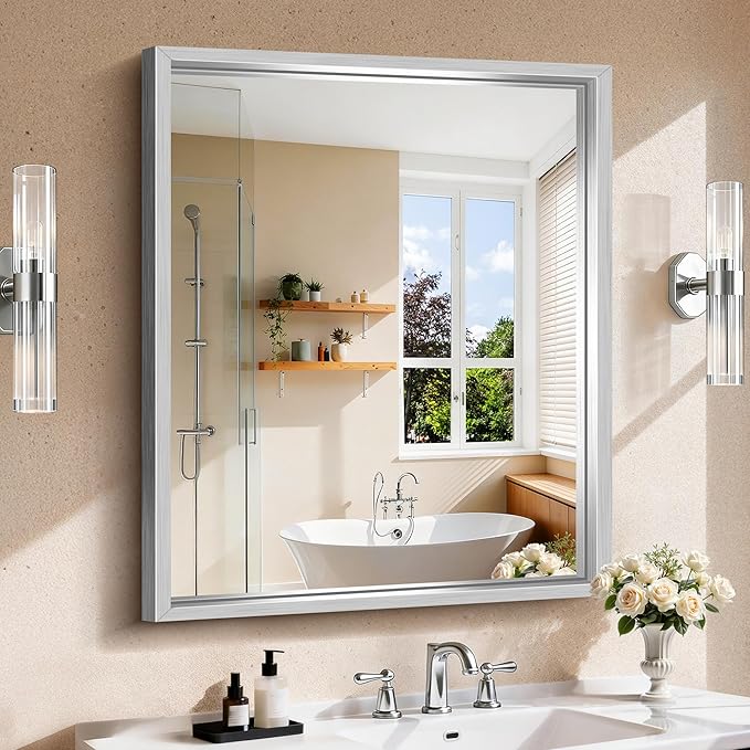 CIRCUMI 30"x36" Silver Mirror with Chunky Box Metal Frame, Brushed Finish Rectangular Bathroom Mirrors for Over Sink, Living Room, Entryway, Tempered Glass Mirror for Wall, Vertical or Horizontal