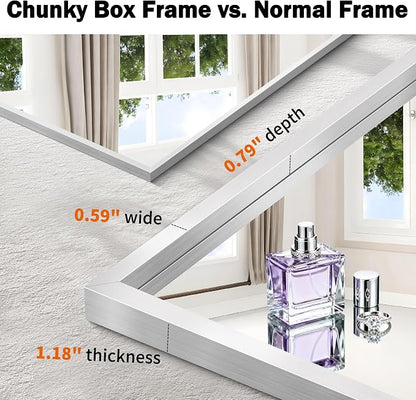 CIRCUMI 30"x55" Brushed Silver Bathroom Mirror, Double Sink Vanity Mirror | Chunky Box Metal Frame, Shatterproof, Tempered Glass, Bathroom Remodel&New Home, Large Rectangular Mirror for Living Room