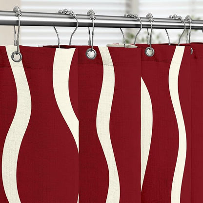 Tititex Cute Curvy Wavy Lines 140gsm Faux Linen Fabric Shower Curtain, Elegant Burgundy Red Wave Striped Shower Curtain Sets Decoration 72x72 Inch with Hooks