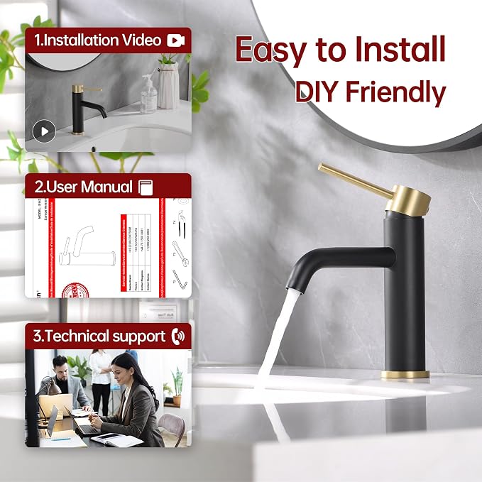 SUMERAIN Modern Single Handle Bathroom Sink Faucet, Black and Gold | Single Hole, Lead-Free, Stainless Steel, with Faucet Supply Lines, Easy DIY Install