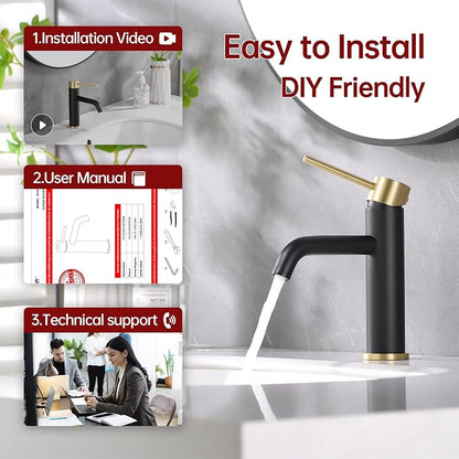 SUMERAIN Modern Single Handle Bathroom Sink Faucet, Black and Gold | Single Hole, Lead-Free, Stainless Steel, with Faucet Supply Lines, Easy DIY Install