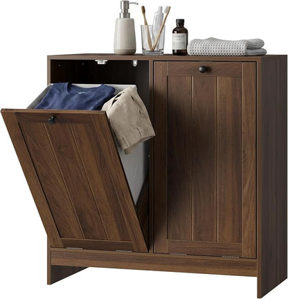 Smart FENDEE Double Tilt Out Laundry Hamper Cabinet, 11.8 Gallon Hidden Trash Cabinets with 2 Baskets for Kitchen, Freestanding Small Bathroom Storage Cabinet Unit, Walnut