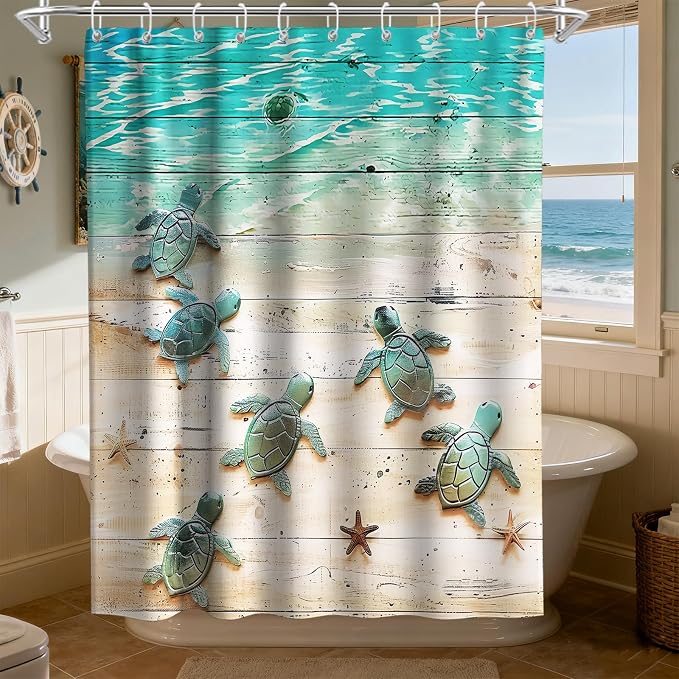 Cute Kids Beach Shower Curtain, Ocean Coastal Nautical Sea Turtle Shower Curtains for Bathroom, Waterproof Bath Curtain with Hooks Machine Washable Bathtub Curtains 60x72 Inch Blue Green