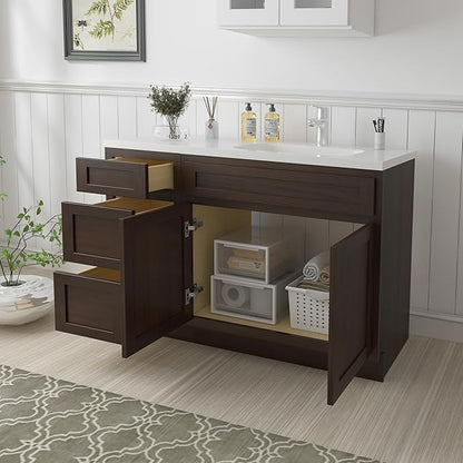 Vanity Art 54 inch Bathroom Vanity Base Only, Single Bathroom Vanity Cabinet with Soft Closing Shaker Drawer, Sturdy Floor Mounted Storage Cabinet Organizer for Bathroom, Brown, VA4039+VA4015-3