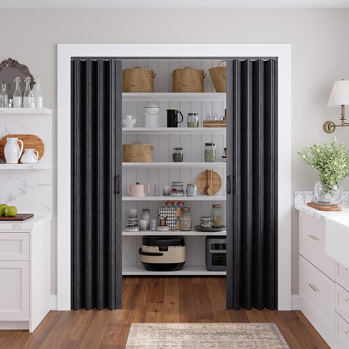 SmartStandard 64x80in Double Accordion Doors, Double Walled, Classic Black | Easy to Assemble, Save Space, PVC Accordion Folding Doors for Closet Doorway Basement, with Track and Hardware
