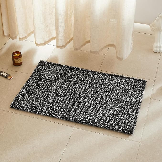 TYUU Waffle Bath Mat, Boho Bathroom Rugs Non Slip, 30x20 Black & White | Super Absorbent Quick Dry Bath Rug, Non-Slip Backing, Soft Waffle Washable Farmhouse Bathroom Mats, Tub, Shower & Home Decor