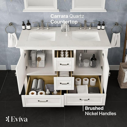 Eviva Britney 48 in. White Double Sink Bath Vanity with Carrara Quartz Top and Undermount Porcelain Sinks