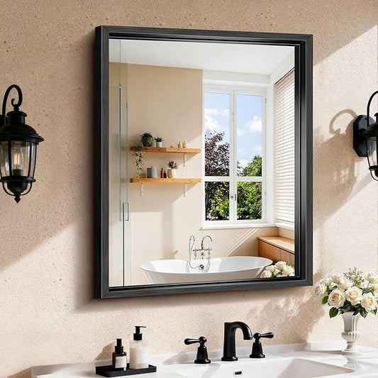 CIRCUMI 24"x30" Black Mirror with Chunky Box Metal Frame, Brushed Finish Rectangular Bathroom Mirrors for Over Sink, Living Room, Entryway, Tempered Glass Mirror for Wall, Vertical or Horizontal