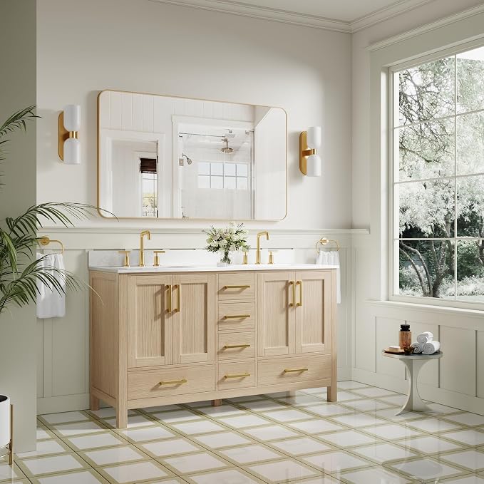 60-Inch Bathroom Vanity with Sink, Bathroom Freestanding Vanity W/ 4 Doors and 6 Drawers, Solid Wood Cabinet Vanity with Cultured Marble Countertop, Oak Vanity & Brushed Gold Handles
