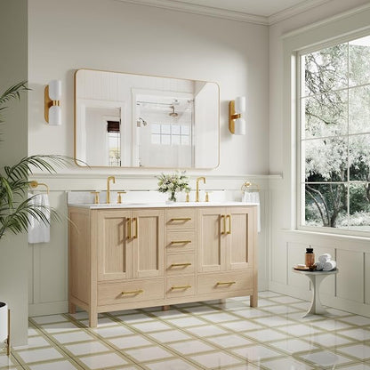 60-Inch Bathroom Vanity with Sink, Bathroom Freestanding Vanity W/ 4 Doors and 6 Drawers, Solid Wood Cabinet Vanity with Cultured Marble Countertop, Oak Vanity & Brushed Gold Handles