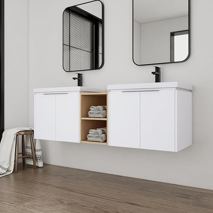 60" Bathroom Vanity with Sink, 60 Inch Floating Bathroom Vanity, Double Sink Bathroom Vanity Combo, White Wall Mounted Cabinet Set