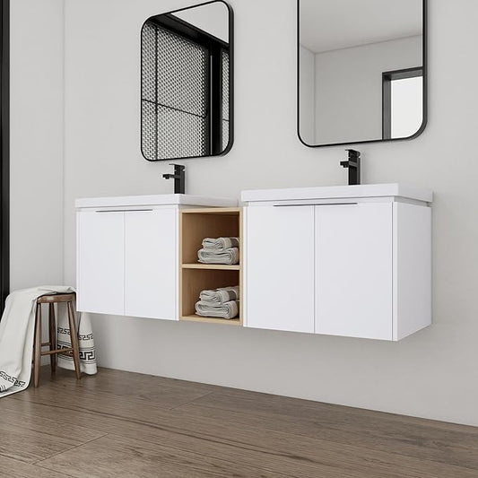 60" Bathroom Vanity with Sink, 60 Inch Floating Bathroom Vanity, Double Sink Bathroom Vanity Combo, White Wall Mounted Cabinet Set