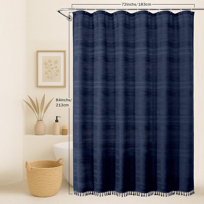 Extra Long Boho Shower Curtain 84 Inch Long, Modern Farmhouse Heavy Duty Linen Textured Soft Fabric, Rustic Country Cloth Shower Curtain with Tassel for Bathroom Hotel, 72Wx84L, Navy Blue