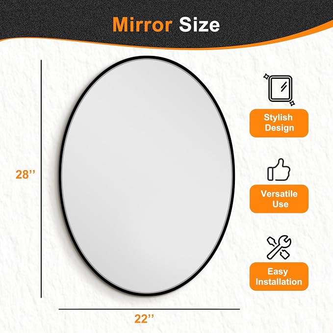 28x22 Black Oval Bathroom Mirror for Over Sink, Aluminum Frame | HD Reflection No Distortion, Aluminum Frame, Mounting Hardware for Vertical or Horizontal Mount