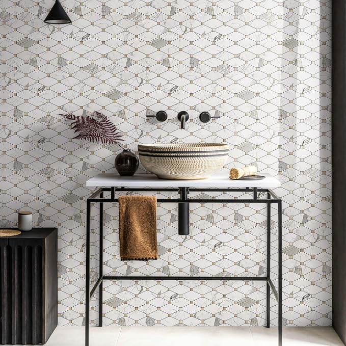 STICKGOO 10 Sheets Peel and Stick Backsplash, Polished Carrara White | PVC Mixed Metal Gold, Waterproof, Self Adhesive Tiles for Kitchen Wall, Bathroom, RV