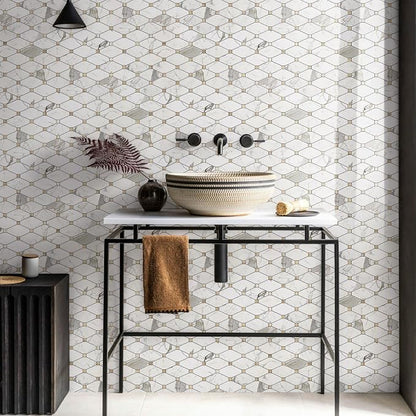 STICKGOO 10 Sheets Peel and Stick Backsplash, Polished Carrara White | PVC Mixed Metal Gold, Waterproof, Self Adhesive Tiles for Kitchen Wall, Bathroom, RV