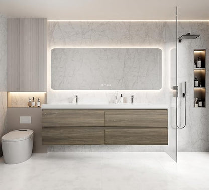 72 Inch Floating Bathroom Vanity with Double Sink, Large Storage Wall Mounted Floating Vanity with Soft Close Drawers, One-Piece Basin Bathroom Sink Cabinet (Ash Grey, 72 Inch Double Sink)