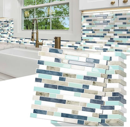 10 Sheets Thick Peel and Stick Kitchen Backsplash Tiles | 3D Waterproof Self Adhesive Wall Tile Stick on Backsplash for Kitchen,Bathroom and Fireplace(Mixed Blue,12"×12")