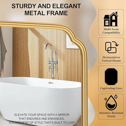28"x36" Gold Bathroom Mirror with Rustproof Metal Frame, Modern Rounded Corner Wall Mirror for Vanity Over Sink, Horizontal/Vertical Hanging