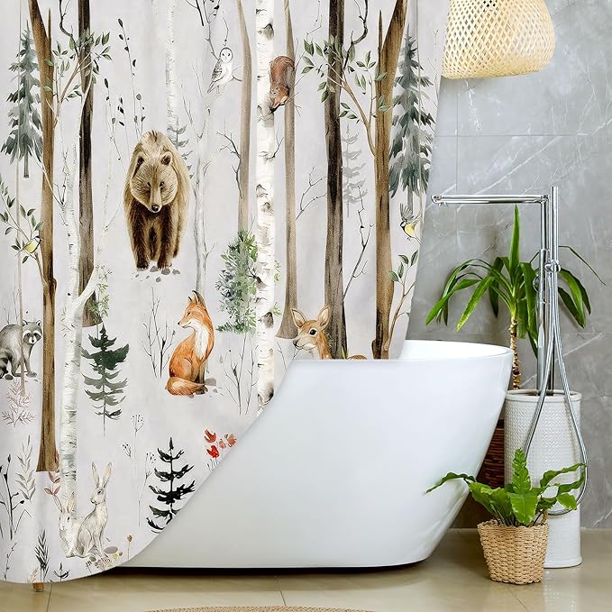 JAWO Rustic Forest Shower Curtain for Bathroom, Country Hunting Bear Deer Wild Animals Farmhouse Lodge Curtain, Cabin Nature Bathroom Set with Hooks, 70X70 Inch, Grey