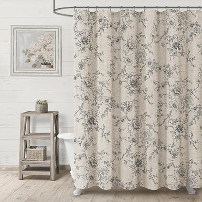 Farmhouse Floral Linen Shower Curtain, Vintage Grey Pattern Rustic Shower Curtains for Bathroom, Dark Gray,72x72