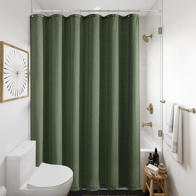 Olive Green Shower Curtain for Bathroom Water Repellent 72x90 Inch | Extra Long, Linen Shower Curtains 90 Inches Long, Boho Shabby Chic Country Rustic, Green, Bath Decor Drapes, with Hooks