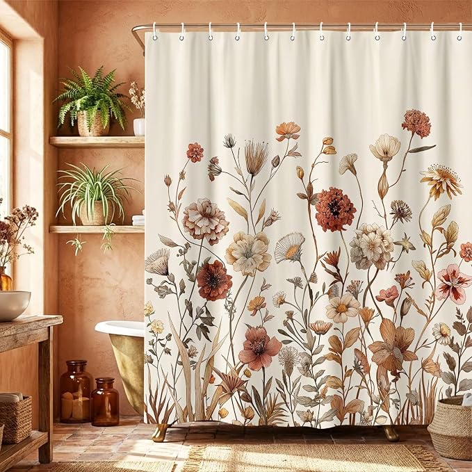 Vintage Boho Beige Floral Shower Curtain, Brown Cream Tan Rustic Farmhouse Flower Shower Curtain Set, Cute Botanical Wlidflowers Fabric Shower Curtains Decoration, 72X84 Aesthetic Bathroom Accessories