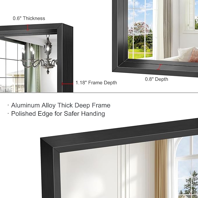 24x24 Square Black Mirror, Bathroom Mirrors for Over Sink 0.6" Thickened Deep Frame, Brushed Black Rectangle Mirrors for Wall, Shatterproof Tempered Glass, Antirust, Horizontally or Vertically