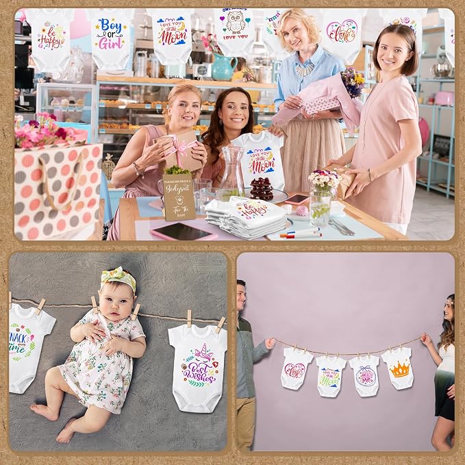 Panitay 126 Pcs Baby Shower DIY Bodysuit Set Bib 25 Blank White Newborn Bodysuit 25 Stencils 24 Marker 1 Sign 50 Pins(Kraft)