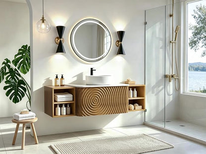 54" Floating Bathroom Vanity with Sink, Mid-Century Wall Mounted Bathroom Vanity Cabinet with Wood Waved Decor,Ceramic Vessel Basin and Sintered Stone Top, Soft Close Drawer, 2 Side Open Cube