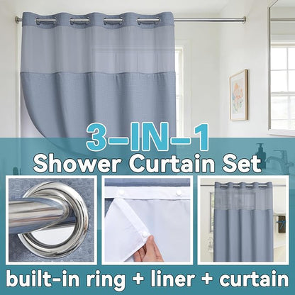 Conbo Mio Extra Long No Hook Waffle Weave Shower Curtain with Snap in Liner Set, Hotel Luxury Grey Shower Curtains for Bathroom with See Through Top Window, Waterproof, Washable 71W x 84H