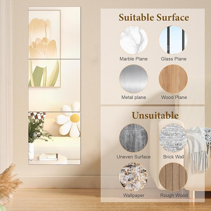 16x16 in Acrylic Mirror Sheet for Wall, 2.5mm Plastic Wall Mirror | Non Glass Body Mirror Tile with Adhesive Tapes, Modern Decorative Square Wall Mirror for Bathroom Bedroom Home Gym Door Decor
