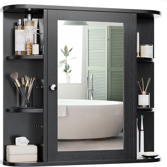 Bathroom Mirror Cabinet Wall Mounted, Bathroom Medicine Cabinet with Mirror and 6 Open Shelves, Modern Wall Cabinet, Black