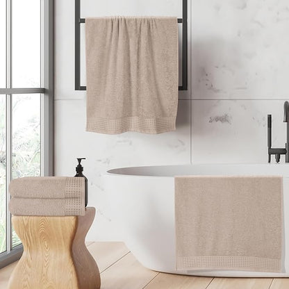 GLAMBURG Ultra Soft 4 Pack Oversized Bath Towel Set 27x54 inches, 100% Cotton Bath Towels, Highly Absorbant Compact Quickdry & Lightweight Towel, Ideal for Gym Travel Camp Pool - Tan