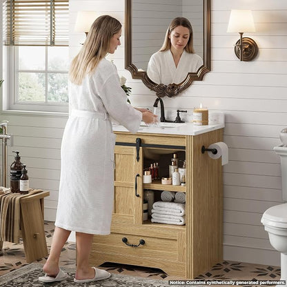 IRONCK Bathroom Vanity with Sink 30", Vanity Cabinet with Water Baffle | Engineered Marble Top & Ceramic Sink, Soft Close Drawer & Open Shelves, Easy Assembly, Farmhouse Vanity for Bathroom