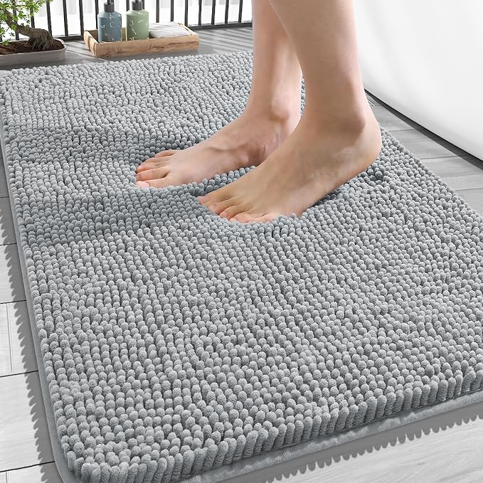 OLANLY Bathroom Rugs 34x21, Extra Soft Absorbent Chenille Bath Rugs | Light Grey, Quick-Drying Rubber Backing, Machine Washable Bath Mat for Bathroom Floor, Tub and Shower, Home Decor Accessories
