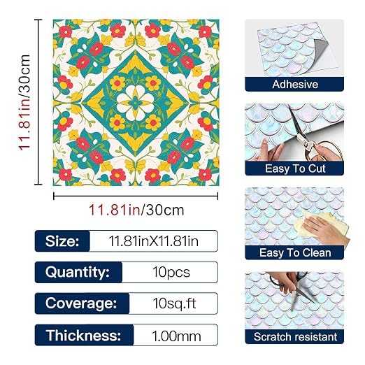 Teal Yellow Floral Peel and Stick Floor Tiles 12x12 Inch 10PCS | Teal yellow orange floral geometric pattern vinyl floor stickers for kitchen bathroom entryway and indoor home decor