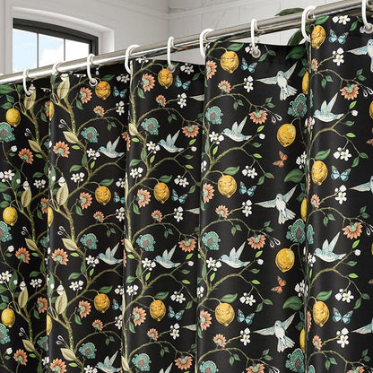 Floral Bird Shower Curtain 72x72, Hummingbird and Lemon Botanical Fabric Bath Curtains, Lightweight Quick-Dry Bathroom Decor Set with Hooks, Black
