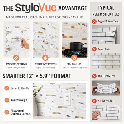 StyloVue 20 Sheets Peel and Stick Backsplash for Kitchen, Volakas White Marble Look with Gold Metal, Stick on Tile for Kitchen Backsplash, RV, Fireplace