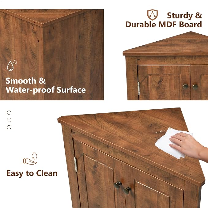 Corner Storage Cabinet with Two Doors for Bathroom, Living Room or Kitchen, Adjustable Shelf, Freestanding Floor Space Saver, Brown