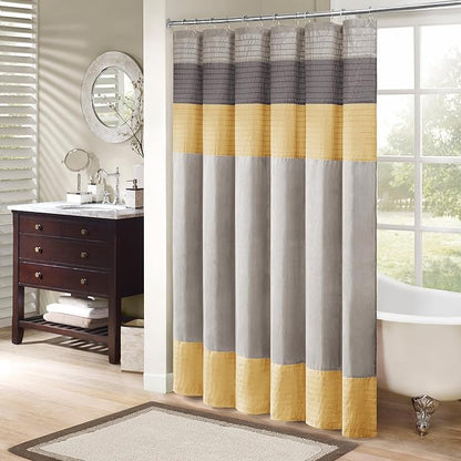 Madison Park Amherst Bathroom Shower Curtain Faux Silk Pieced Striped Modern Microfiber Bath Curtains, 72x84 Inches, Yellow