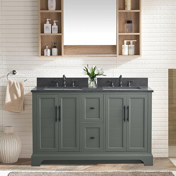 Vanity Art 54 Inch Double Sink Bathroom Vanity with Ceramic Sink and Stone Top | Undermount Rectangular Sink Cabinet Soft Closing Doors, Dovetailed Drawers, No Mirror VA5054-VG