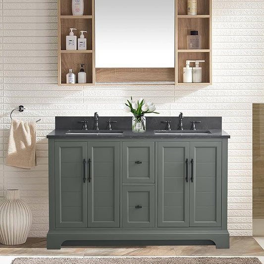 Vanity Art 54 Inch Double Sink Bathroom Vanity with Ceramic Sink and Stone Top | Undermount Rectangular Sink Cabinet Soft Closing Doors, Dovetailed Drawers, No Mirror VA5054-VG