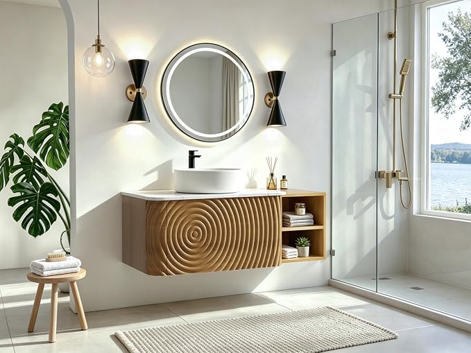 42" Floating Bathroom Vanity with Sink, Mid-Century Wall Mounted Bathroom Vanity Cabinet with Wood Waved Decor,Ceramic Vessel Basin and Sintered Stone Top, Soft Close Drawer, Side Open Cube