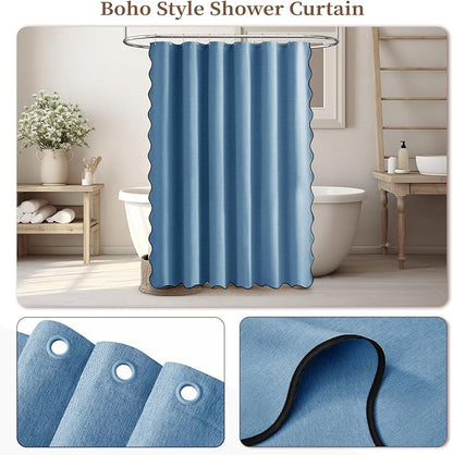 BTTN 80 Inch Shower Curtain, Long Scalloped Boho Linen Textured Heavy Duty Fabric Shower Curtain Set with 12 Hooks, Tall Modern Farmhouse Waterproof Shower Curtains for Bathtub, 72x80, MoonlightBlue