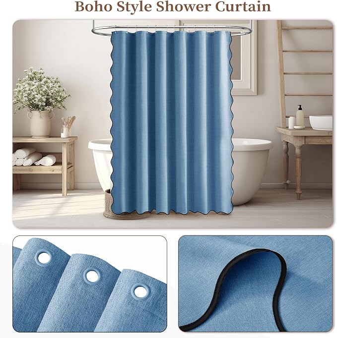 BTTN MoonlightBlue Boho Scalloped Linen Textured Shower Curtain Set, 72x72 | 230GSM Waterproof Polyester, Heavy Duty Fabric, 12 Plastic Hooks, Modern Farmhouse Style, Machine Washable, Bathroom Decor